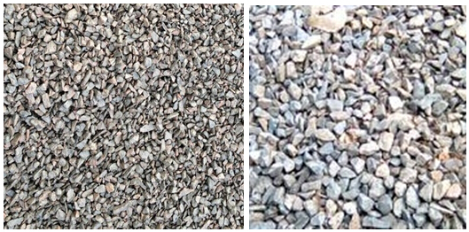 碎石針片狀超標(biāo)對比，左圖為針片狀超標(biāo)